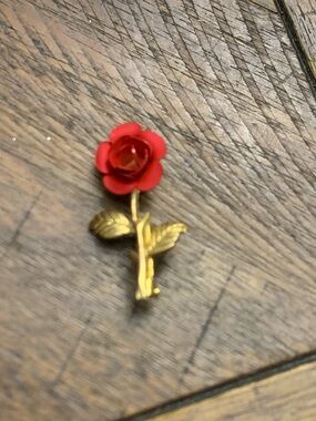 Gold and RubyRed Rose Brooch - Elegant Floral Pin